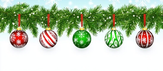 Aufkleber - Colorful Christmas Ornaments Hanging from Green Pine Branch with Snowflakes and a Winter Background