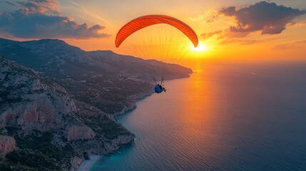 Wall Mural - Paragliding at Sunset Over Dramatic Coastal Cliffs and Azure Sea