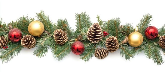 Poster - Festive Christmas decorations including golden yellow and red baubles and pine cones arranged with fir branches on a white background