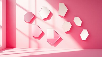 Poster - Geometric mirror composition on pink wall with natural light showcasing modern interior design elements and trendy decor accents