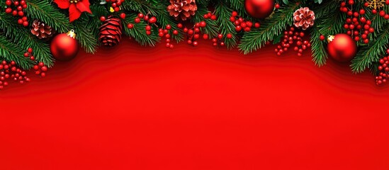Poster - Festive Christmas background with decorated spruce branches and ample copy space for holiday messages in a flat lay design.