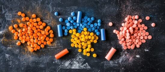 Leinwandbilder - Vibrant colored firecracker pellets and smoke bombs arranged on a textured dark surface showcasing their diverse hues and arrangements.