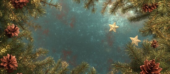Poster - Vintage wooden Christmas frame with spruce branches pinecones and stars overhead view for customizable text space seasonal decor backdrop
