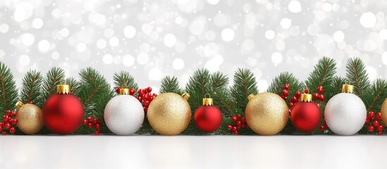 Aufkleber - Christmas ornaments and greenery arrangement on a festive background with soft bokeh lights creating a cheerful holiday atmosphere