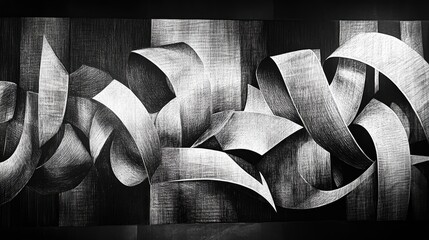 Fototapete - Monochromatic Abstract Art Featuring Intertwined Ribbons and Textures in Black and White Design