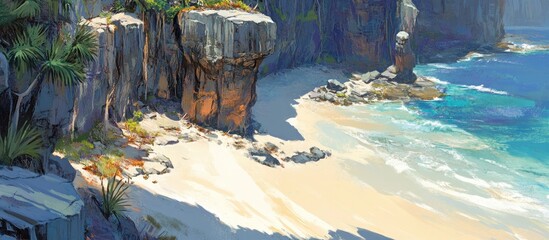 Poster - Aerial view showcasing dramatic cliffs meeting a serene sandy beach with vibrant turquoise waters and lush vegetation.