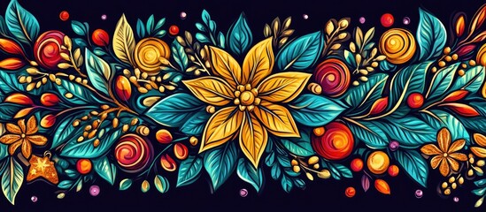 Poster - Vibrant floral design featuring colorful leaves and ornaments ideal for festive holiday decorations and Christmas-themed backgrounds.