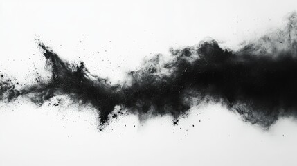 Leinwandbilder - Abstract black powder explosion creating a dynamic scatter of black dust and charcoal particles against a clean white background, artistic texture, contrast, motion, creative design.