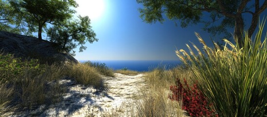 Leinwandbilder - Scenic coastal pathway leading to the ocean under a clear blue sky with vibrant greenery and sandy terrain