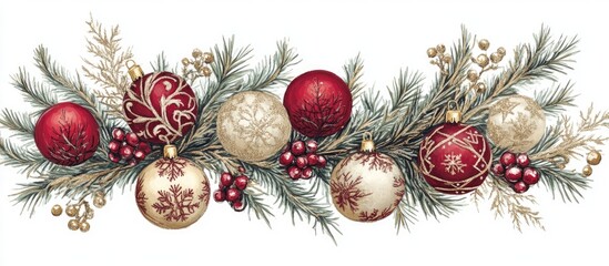 Aufkleber - Festive Christmas frame with fir tree branches red and gold decorative balls and baubles on a white background for holiday celebrations.