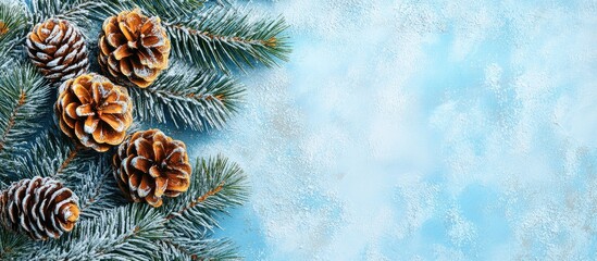 Aufkleber - Decorative gold pine cones nestled in fur tree branches on a textured white backdrop ideal for festive holiday themes and greeting cards