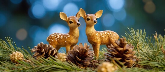 Aufkleber - Christmas decoration with deer figurines and pine cones surrounded by lush greenery against a vibrant bokeh background for festive designs