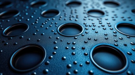 Poster - Blue perforated sheet metal texture background with circular holes and droplets for industrial or design applications.