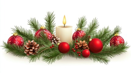 Aufkleber - Festive Christmas arrangement with pine branches red ornaments and a lit candle on a white background perfect for holiday celebrations