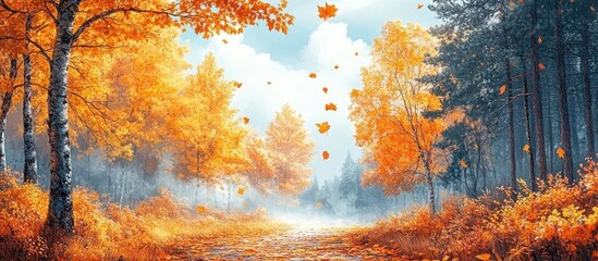 Aufkleber - Serene autumn forest with vibrant yellow and orange foliage highlighting tree branches in a tranquil landscape setting