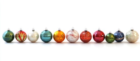 Aufkleber - Colorful decorative balls and baubles arranged in a row on a white background ideal for festive holiday themes and seasonal decorations