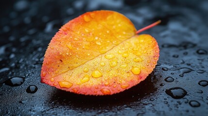 Wall Mural - Vibrant yellow and orange potato leaf with water droplets on a dark surface, showcasing fine textures and colors, nature, macro photography, close-up, organic details.