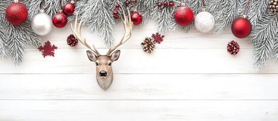 Aufkleber - Christmas decoration scene with deer ornament and festive elements on a rustic wooden background