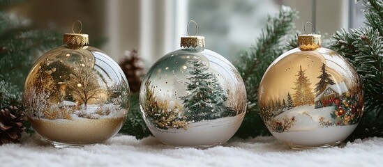 Aufkleber - Elegant glass Christmas ornaments with serene winter landscapes for festive tree and home decor