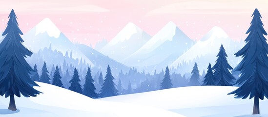 Poster - Serene winter landscape at sunset showcasing snow-covered mountains and evergreen trees under a pastel sky