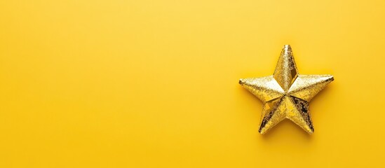 Poster - Golden star ornament on vibrant yellow background with ample copy space for holiday-themed text or promotions. Flat lay festive decoration.