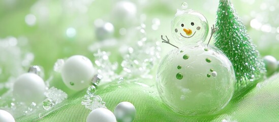 Aufkleber - Festive closeup of a humorous glass snowman and plastic tree on vibrant green fabric with decorative beads for holiday cheer