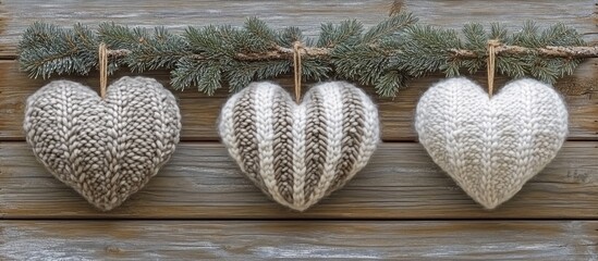 Aufkleber - Heart-shaped Christmas ornaments with knitted texture displayed on spruce branches against a rustic wooden background creating a festive atmosphere.