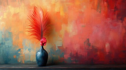 Leinwandbilder - Vibrant abstract composition showcasing a rooster feather in a decorative vase against a colorful background.