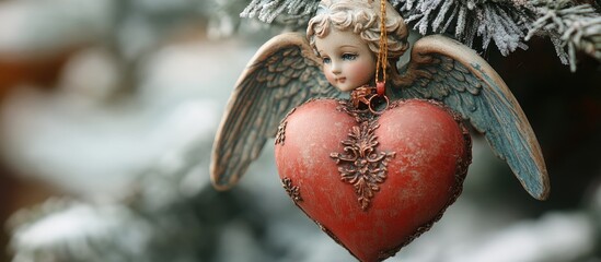 Poster - Angel ornament hanging in a red heart amidst winter foliage for festive season decorations