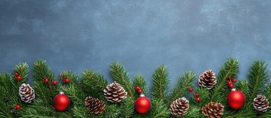 Poster - Christmas decorations arrangement featuring pinecones and red ornaments on gray stone backdrop with flat lay overhead view and blank space