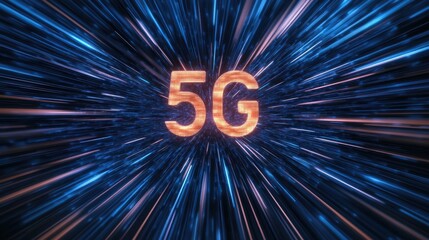 Poster - 5G technology abstract motion blur background with glowing lights and fast speed connection concept for digital communication imagery
