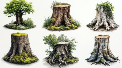 Leinwandbilder - Diverse collection of tree stumps showcasing intricate moss and foliage details ideal for nature themed designs and environmental projects