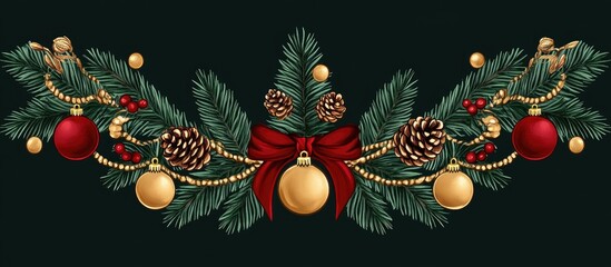 Aufkleber - Festive Christmas ornamentation with fir branches cones berries and ribbons on a dark background for holiday themed designs