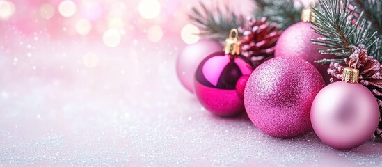 Poster - Pink bokeh background with Christmas ornaments and pine branches for festive holiday seasons and New Year celebrations.