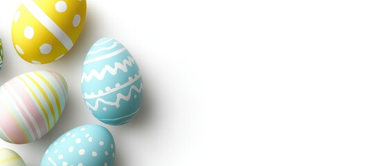 Aufkleber - Colorful decorated Easter eggs arranged artistically on a white background showcasing intricate patterns and spring-themed colors.