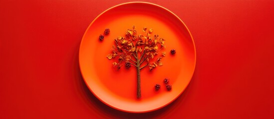 Aufkleber - Crumpet Shaped Tree Decorated with Dried Berries on Vibrant Red Plate Against a Striking Red Background