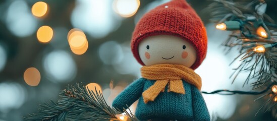 Aufkleber - Close up of a festive toy character adorned with a knit cap and scarf amidst sparkling Christmas tree lights and greenery