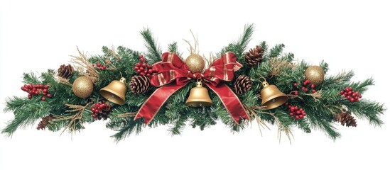 Aufkleber - Elegant Christmas wreath featuring golden bells, red ribbons, pinecones, and hawthorn berries for festive holiday decor.