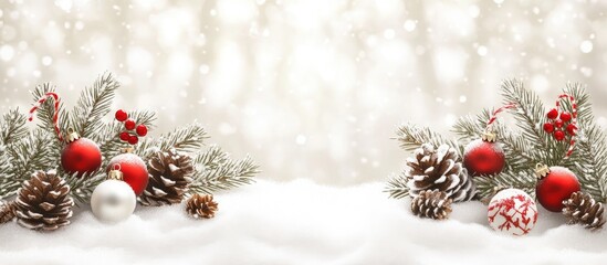 Poster - Christmas decorations with pinecones and ornaments on snow with a soft light backdrop creating a festive winter atmosphere