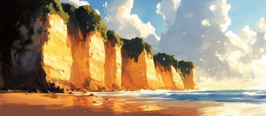 Aufkleber - Coastal cliffs bathed in warm sunset light with dramatic clouds reflecting on the tranquil beach shoreline and glistening ocean waves.