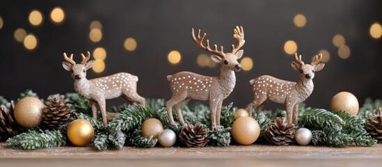 Poster - Christmas card design showcasing decorative wooden deer amidst festive fir branches, ornaments, and twinkling garland lights for a cozy holiday vibe.