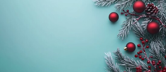 Aufkleber - Christmas themed background with festive twigs red ball decorations and pine cones on teal surface ideal for holiday promotions and designs