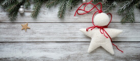 Aufkleber - Handmade Christmas ornaments on rustic wood backdrop with pine branches creating a cozy holiday atmosphere for festive designs.