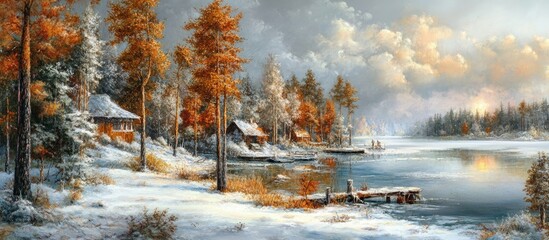 Aufkleber - Serene winter scenery showcasing a tranquil icy lake surrounded by snow-covered trees and rustic cottages under a picturesque sky.