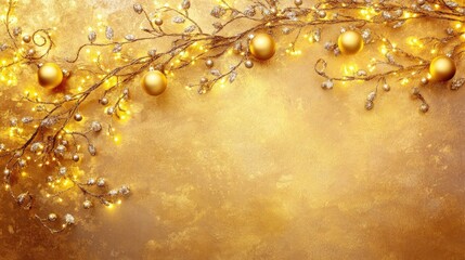 Aufkleber - Elegant gold Christmas ornaments with light garland on a golden background for festive holiday decoration and stylish celebrations.