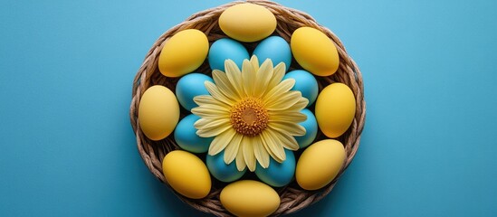 Poster - Colorful basket of painted yellow and blue eggs surrounded by a flower on a vibrant blue background with ample copy space for design
