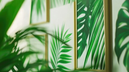 Aufkleber - Framed botanical art featuring lush green leaves on a white wall in a modern Scandinavian style interior design setting