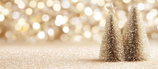 Aufkleber - Golden glitters with miniature fir trees on a shimmering background creating a festive and enchanting holiday atmosphere