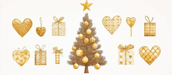 Aufkleber - Elegant Christmas tree decorated with gold ornaments stars and hearts surrounded by festive gift boxes for New Year celebrations