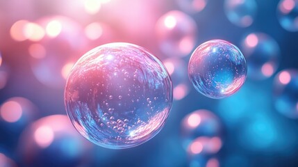 Fototapete - Colorful abstract background featuring vibrant air bubbles floating in a dreamy soft-focus atmosphere with blue and pink hues.